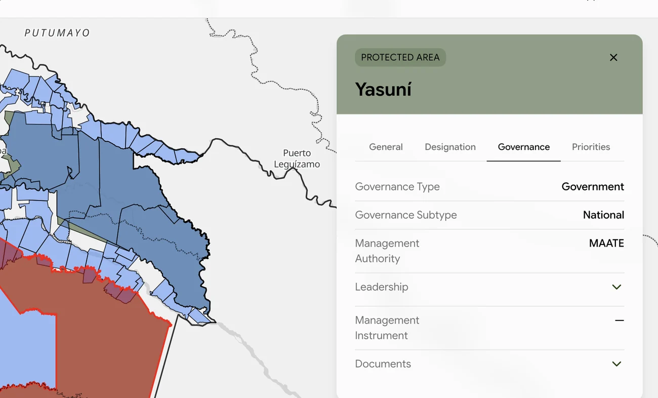Governance fields for a selected area