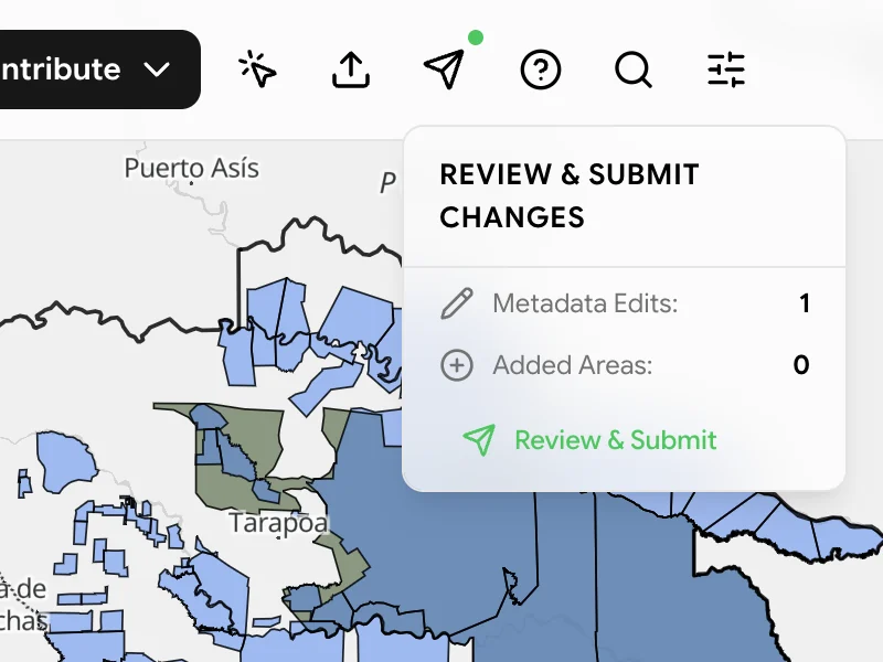 The Review and Submit Changes popover showing counts of pending metadata edits and added areas