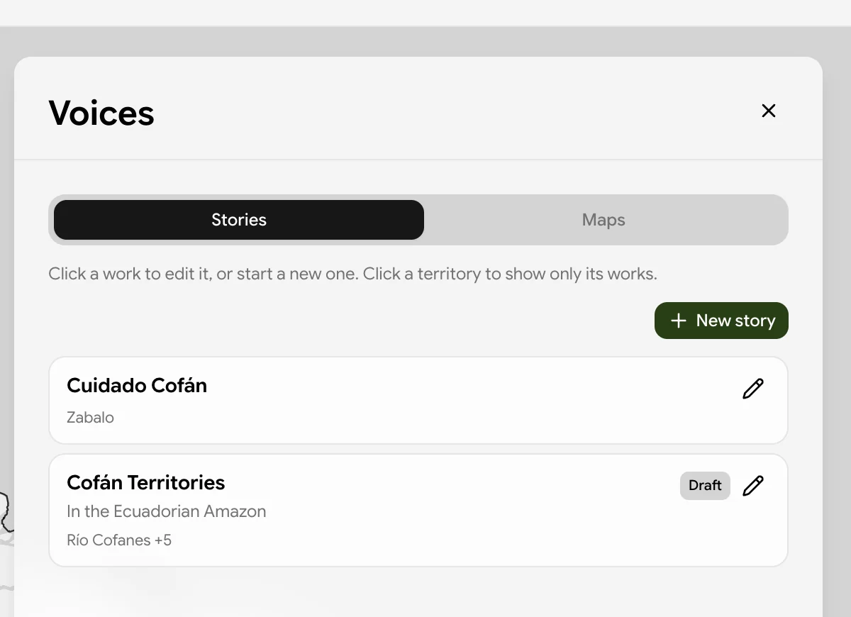 The Create or edit lens listing editable stories with a New story button