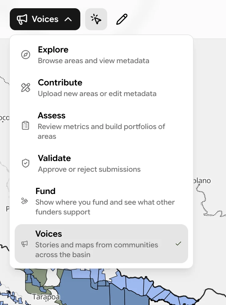 The Atlas mode menu with Voices selected, and the two lens buttons beside it