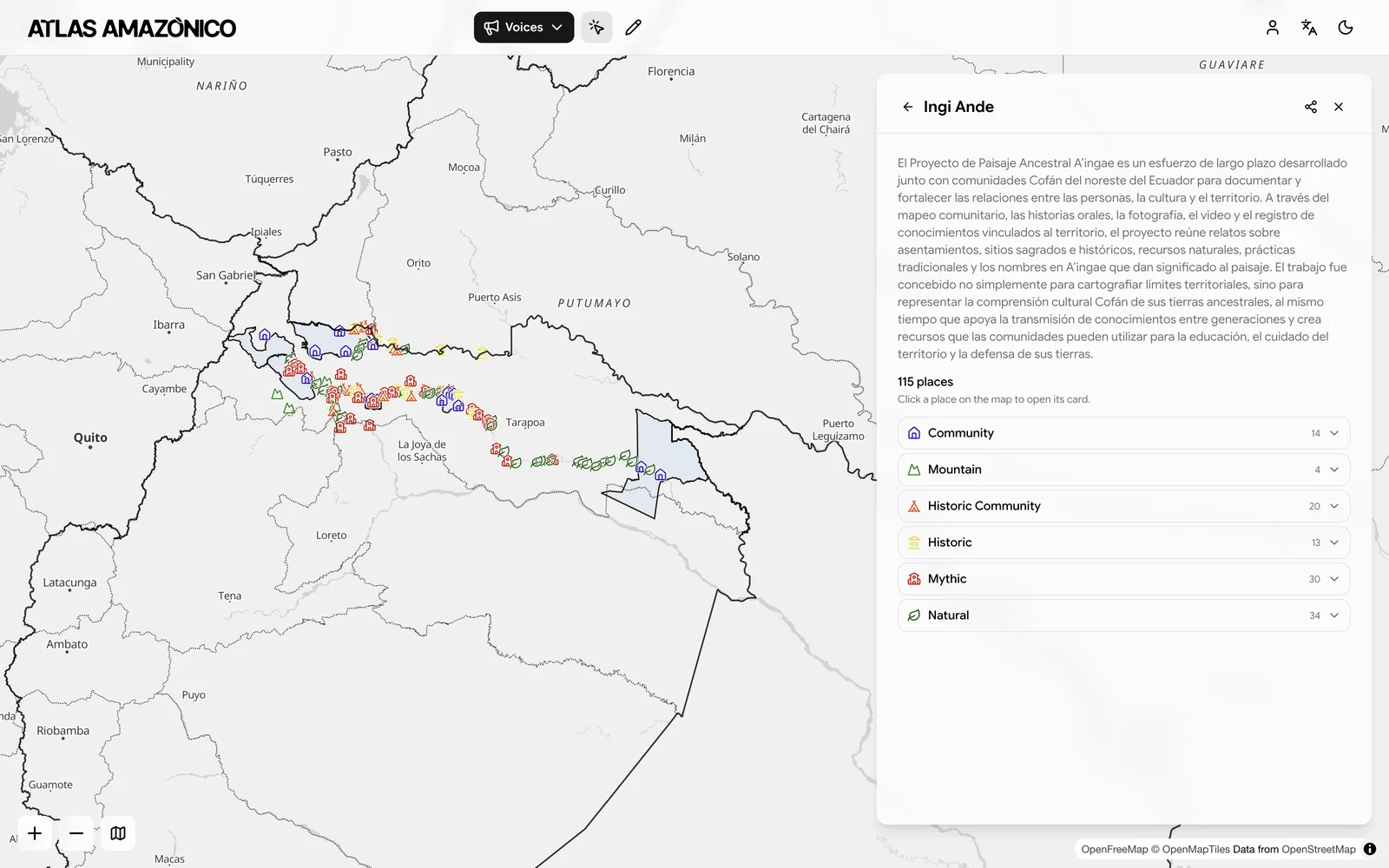 A community map of 115 places grouped under six types, with the legend a reader sees